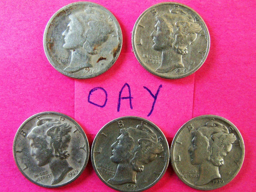 Mercury Dime 1936 P 1939 P Moneda Plata 10c Us Dolar X5 Ring