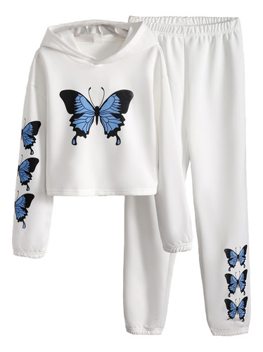 Conjunto De Sudadera Niño Capucha Y Estampado De Mariposa Blanco 10-11 Años