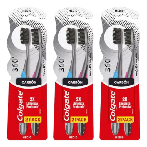 Cepillo De Dientes Colgate 360° Carbón 2 Cepillos / 3 Packs