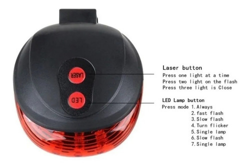 Imagen 3 de 4 de Luz Bicicleta Trasera 2 Laser 5led Y 7 Funciones