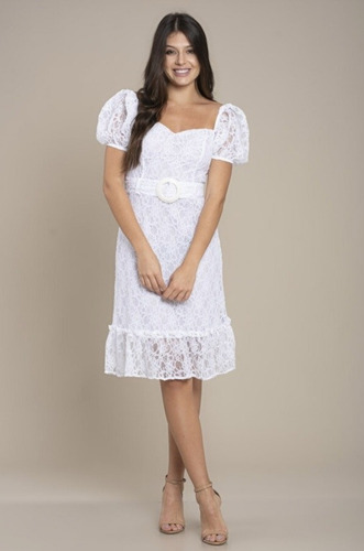 Imagem 1 de 3 de Vestido Branco Em Renda Mangas Princesa  Casamento Civil 