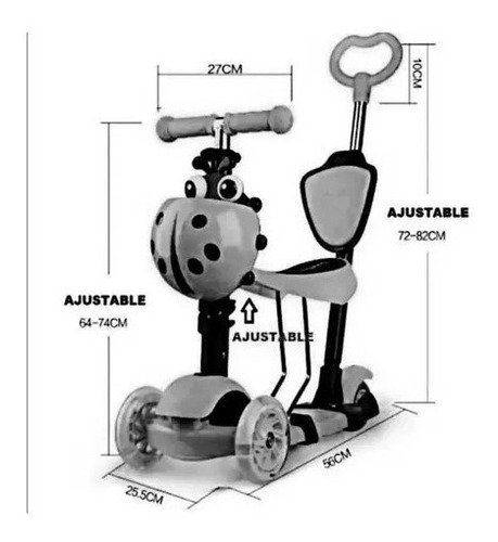 Imagen 2 de 5 de Patineta Scooter 3 En 1 Infantil Asiento Gt-4110b Rosado