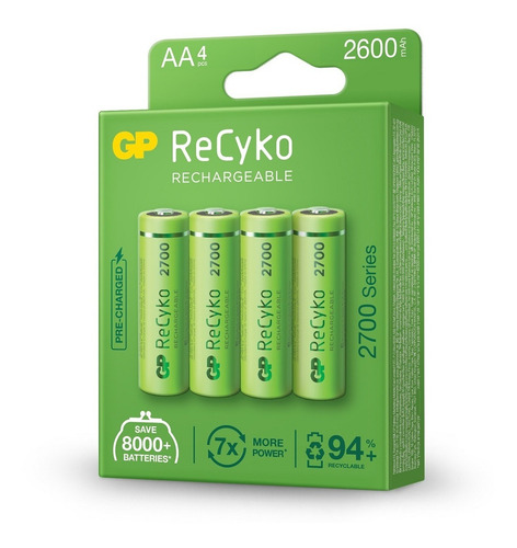 Imagem 2 de 7 de 04 Pilhas Aa Recarregável 2600 Mah Gp Recycko - 01 Cartela