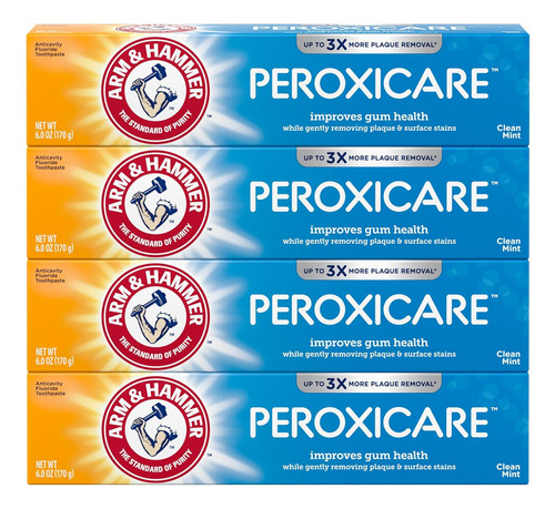 Pasta Dental Arm & Hammer Peroxicare 4 Pack 170 gr (Total 680 gr) Ayuda al cuidado de las encias, Con Bicarbonato De Sodio Y Peróxido, Limpieza Profunda, Encías Más Saludables Y Aliento Refrescante
