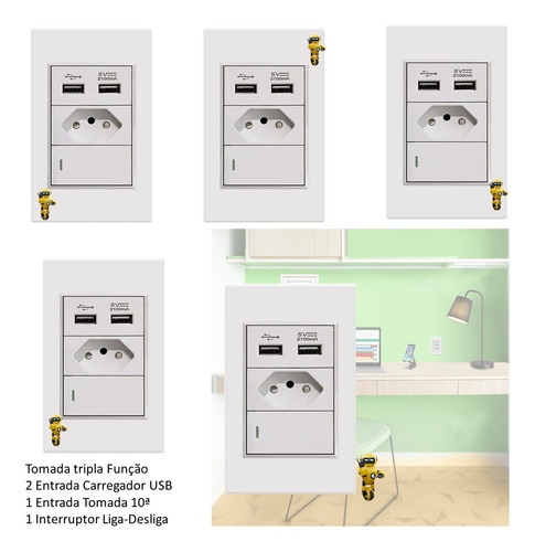 Imagem 4 de 6 de 05 X Nova Tomada 10a 3em1 Interruptor 2 Entradas Usb 5v 2.1a