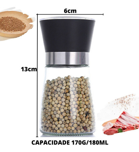 Kit 2 Moedor Sal Pimenta Inox Vidro Regulável 180 Ml