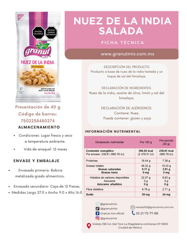 Nuez De La India Salada 40g Granut Mix (12 Piezas)