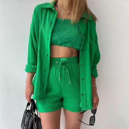 Conjunto Casual De Camisa Con Solapa Y Pantalones Cortos De