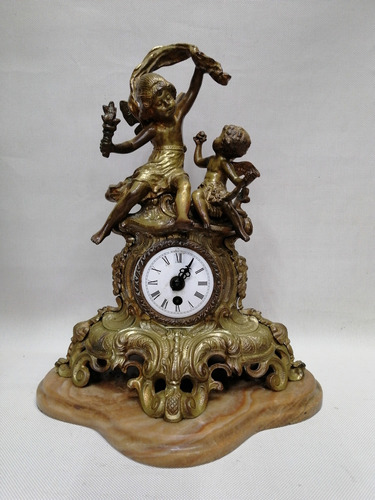 Reloj De Mesa Antiguo Francés En Bronce Macizo Y Mármol 