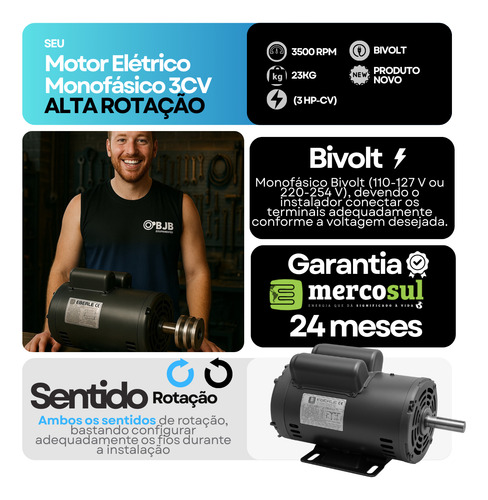 Motor Elétrico Mono 3cv Alta Rotação Policorte Compresor