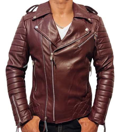 Chamarra Biker De Piel Para Hombre Premium Cuero Vino Slim