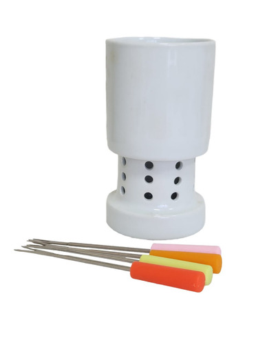 Aparelho Para Fondue Redondo De Porcelana Com 4 Garfos