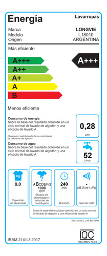 Imagen 8 de 12 de Lavarropas Longvie L18010 8kg 1000rpm