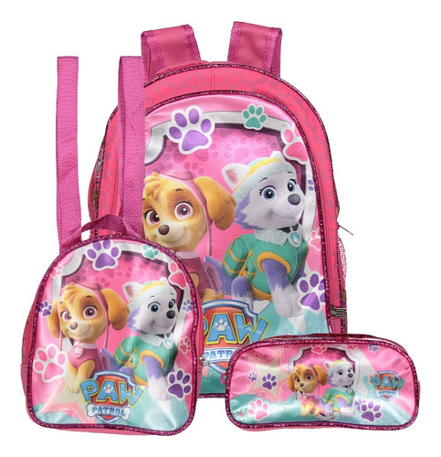 Kit Mochila Escolar Bolsa Patrulha Canina Skye Preta Costas Cor Rosa