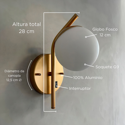 Arandela Parede Inclinada Dourada Vidro Bola/esfera/globo Estrutura Dourado Com Interruptor