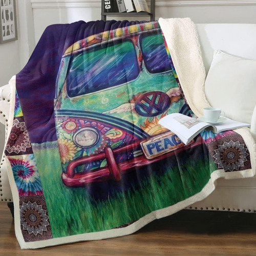 Sleepwish Hippie Bus Impreso Sherpa Fleece Manta, Rainbow Hi