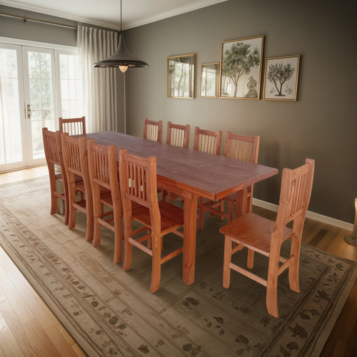 Comedor Pino Macizo 2,40x80 + 10 Sillas En Tonos Madera Tonos Madera No Posee Tela