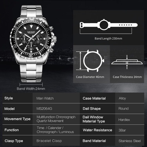 Relógio Megir 2064, Quartzo Inoxidável À Prova D'água