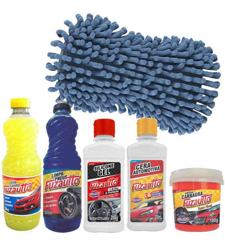 Kit Limpeza Lavagem Automotiva Carro Moto 6 Pçs Shampoo Cera