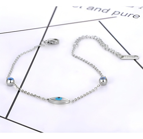 Tobillera griega con forma de ojo azul para mujer, acero inoxidable, plata, 19 cm de longitud, color plateado