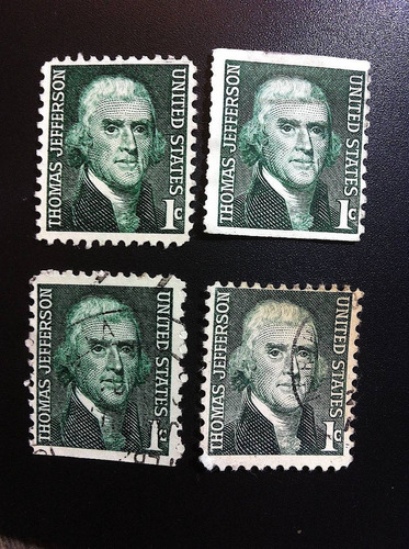 4 Timbres Postales E U A Estampilla Jefferson 1¢ 1968  