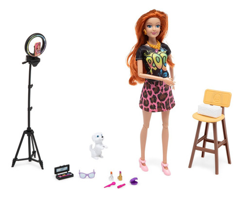 Muñeca Influencer Con Aro De Luz,celular,banco,maquillaje