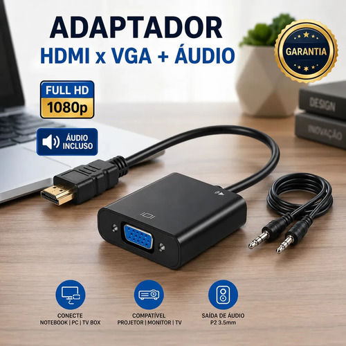 Adaptador Hdmi Para Vga 1080p Full Hd Com Cabo Áudio P2 20cm Plug Play Sem Driver Compatível Notebook Pc Desktop Xbox Projetor Monitor Tv Tela Vga