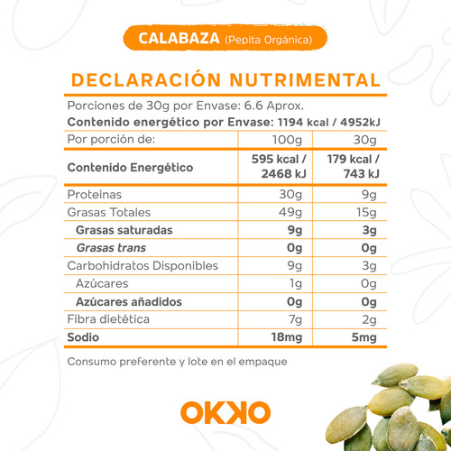 Pepita De Calabaza Orgánicas Sin Cáscara 200 G Okko