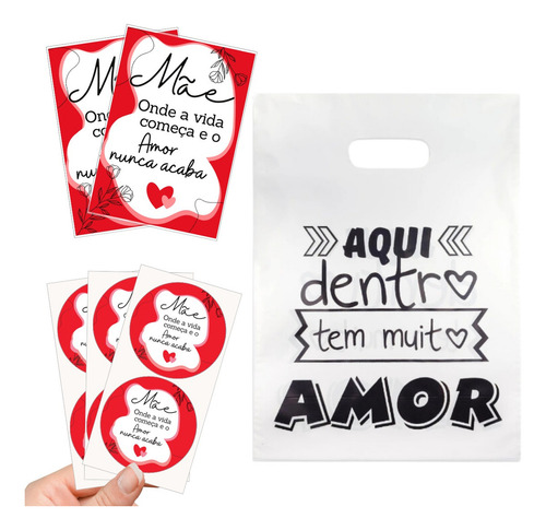 Kit Dia Das Mães 150 Itens | Sacolas, Cartões E Adesivos. Cor Vermelho