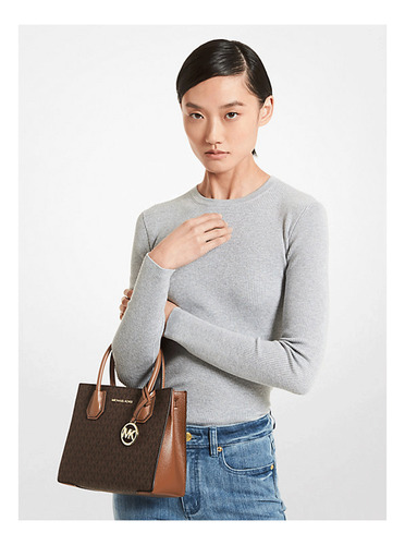 Bolsa Tote Michael Kors Mercer Café Chica Acabado de los herrajes Dorado Color Marrón oscuro Diseño de la tela Liso