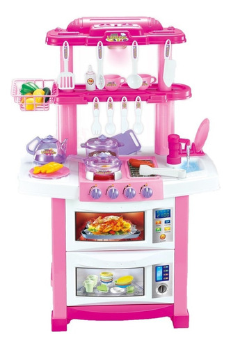 Cozinha Infantil Completa Portátil Com Som E Luz Interativo Cor Rosa