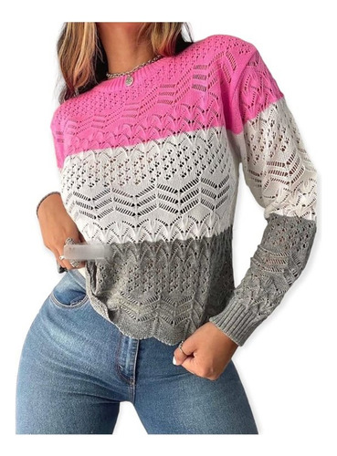 Sweater Calado Cuello Redondo Combinado 3 Colores Hilo