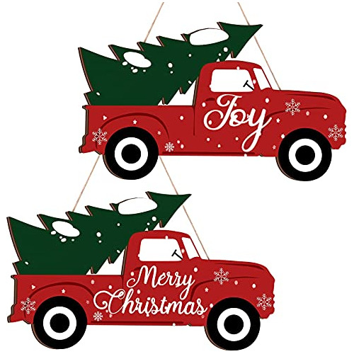 Christmas Joy Red Truck Sign 2 Piezas Decoración De Pu...