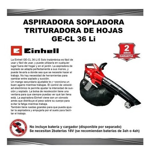 Imagen 6 de 6 de Sopladora Aspiradora Triturador Einhell Inalámbrico Sin Bat