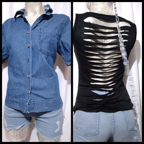 Duo Camisa Mezclilla Muy Delgada + Blusa Rasgada Espalda 