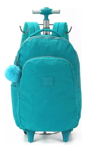 Mochila Juvenil De Carrinho Crinkle Up4you Com Pompom Cor Verde Desenho do tecido Liso