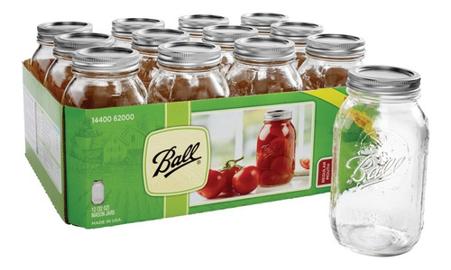 Frascos Ball Mason Jar 32oz. Boca Regular Caja De 12 Pzs Color Transparente