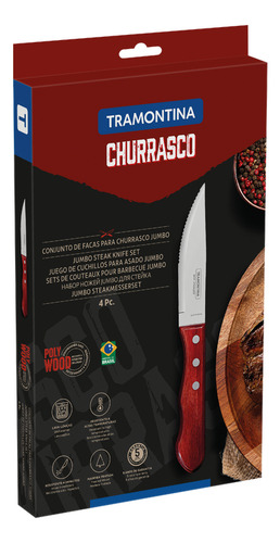 Juego de Cuchillos para Asado Jumbo Tramontina de Acero Inoxidable y Mango Rojo Polywood, 4 piezas.
