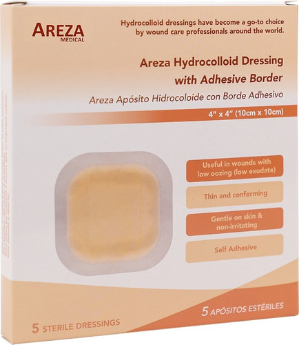 Gasa hidrocoloide auto adhesiva autoadhesiva Areza Medical Hidrocoloide con Borde Adhesivo de 10cm x 10cm en pack de 5 x 5u