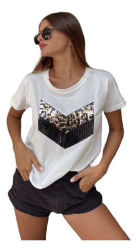 Remera Mujer Verano Aplique Lentejuelas Flechas Animal Print