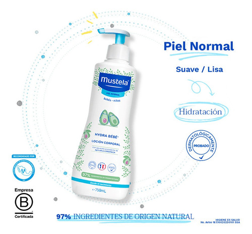 Loción Corporal Mustela Hydra Bebé Para Piel Normal 750 Ml