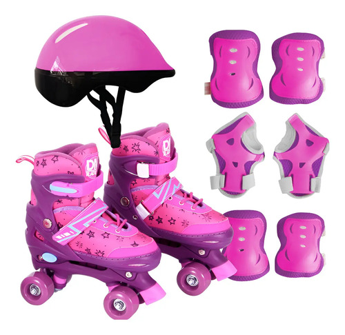 Patins Roller Quad Infantil 4 Rodas Ajustável + Kit Proteção Cor Rosa Tamanho Dos Patins 30-33