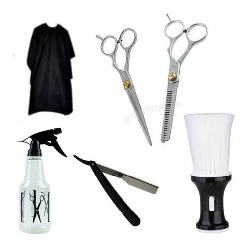 Kit Barberia / Peluquería Tijeras Capa Brocha Botella Mym 