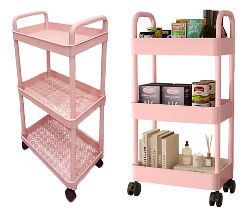 Carrito Auxiliar Organizador Con Ruedas Multiusos 3 Niveles Color Rosa