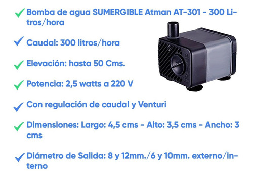 Imagen 3 de 10 de Bomba De Agua Sumergible Peceras Acuario Fuentes Atman301