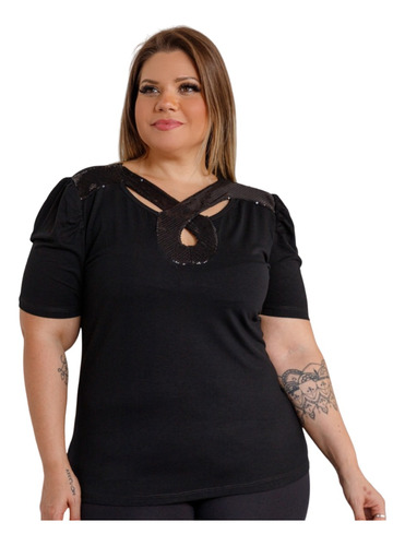 Blusa Feminina Manga Curta Plus Size Detalhe Frontal Paetê