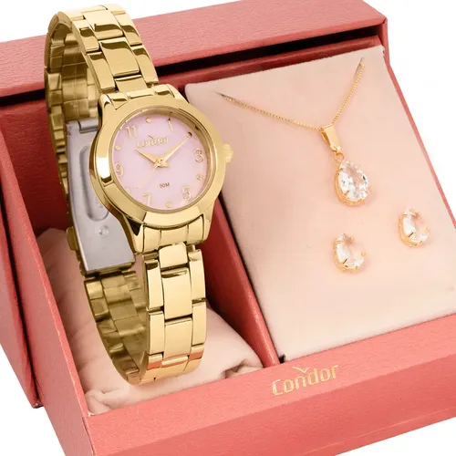Relógio Feminino Condor Dourado Fundo Rosa Com Conjunto Semi-joia Co2036mxe/k4t