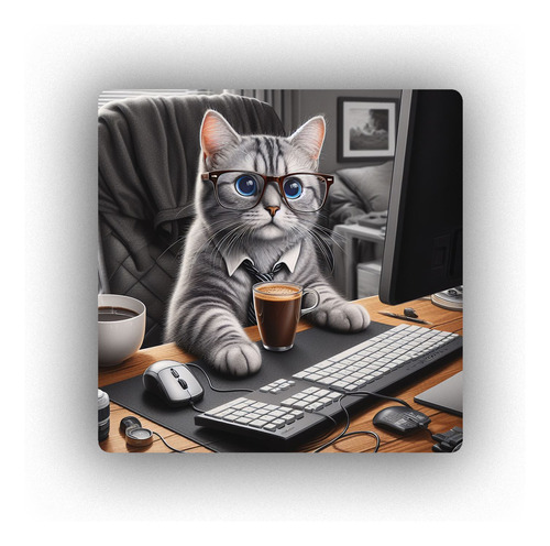 Mousepad Gato Oficina Working Trabajo Taza Cafe M1