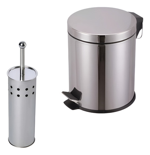 Set Cesto Tacho Residuos 3 Lts + Escobilla De Baño Color Plata