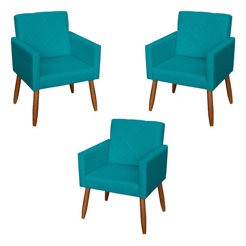 Kit 3 Cadeiras Escritório Poltronas Decorativas Reforçadas Cor Azul-turquesa Desenho do tecido SUEDE LISO